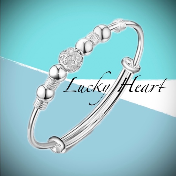 New Sterling Silver Lucky Heart Beads Bangle Bracelet - Picture 4 of 6